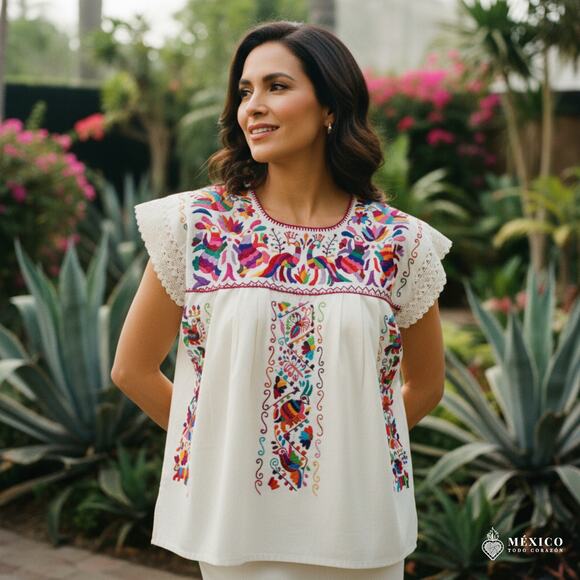 Mexican Embroidered Blouse – Handmade Otomi Floral & Animals Design XLARGE - Picture 1 of 13